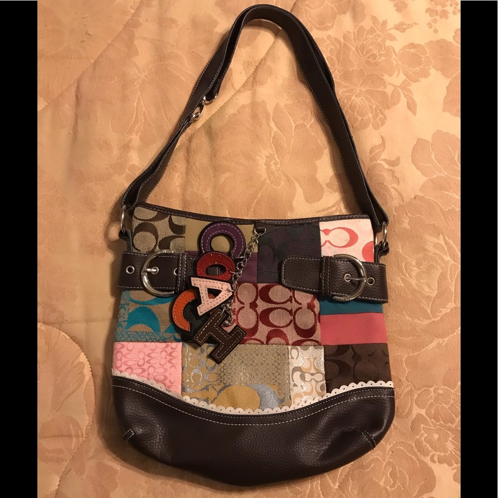 Multicolored patchwork/dark brown leather purse